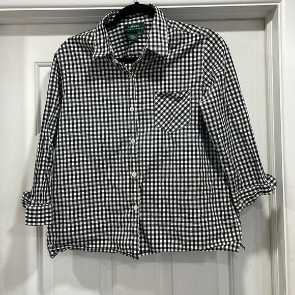 Lauren Ralph Lauren black white button down blouse collared size L - Picture 1 of 6